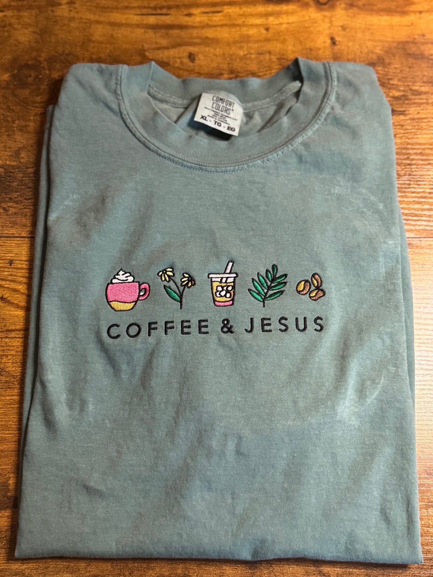 Embroidered Coffee & Jesus T Shirt