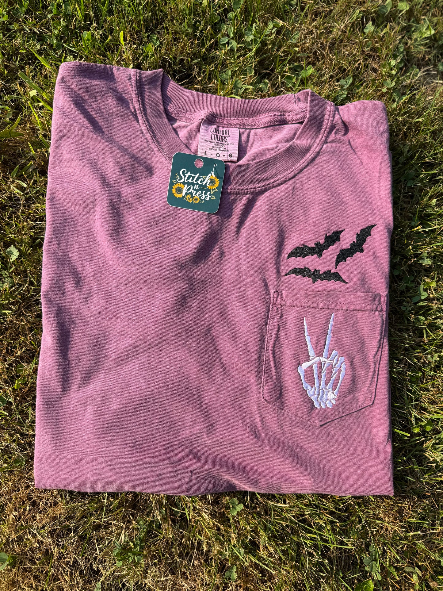 Skelly Hand And Bats Embroidered Pocket T-Shirt