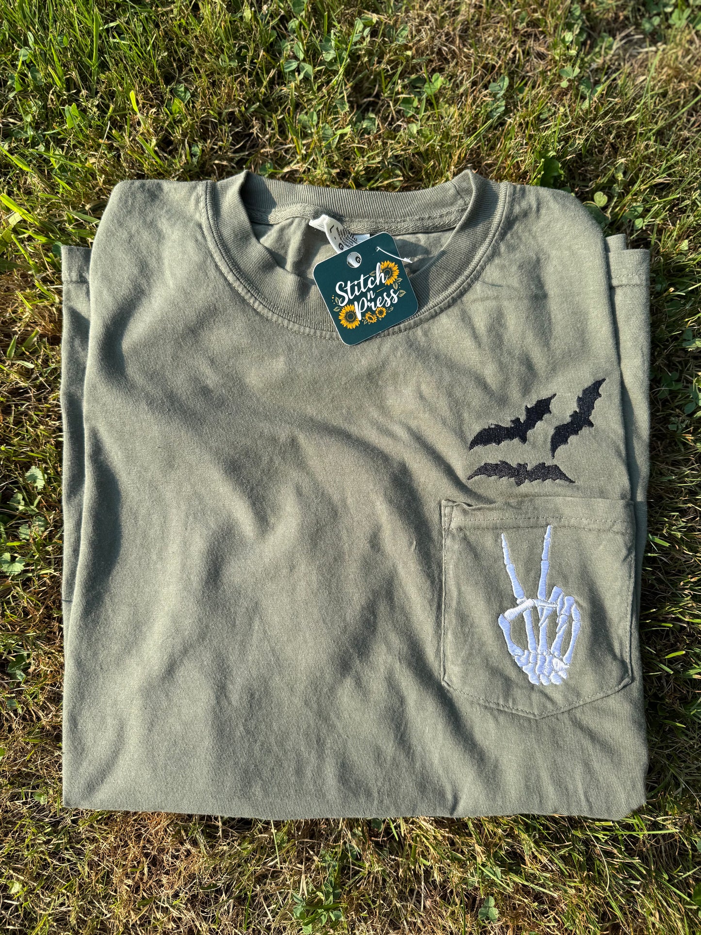 Skelly Hand And Bats Embroidered Pocket T-Shirt