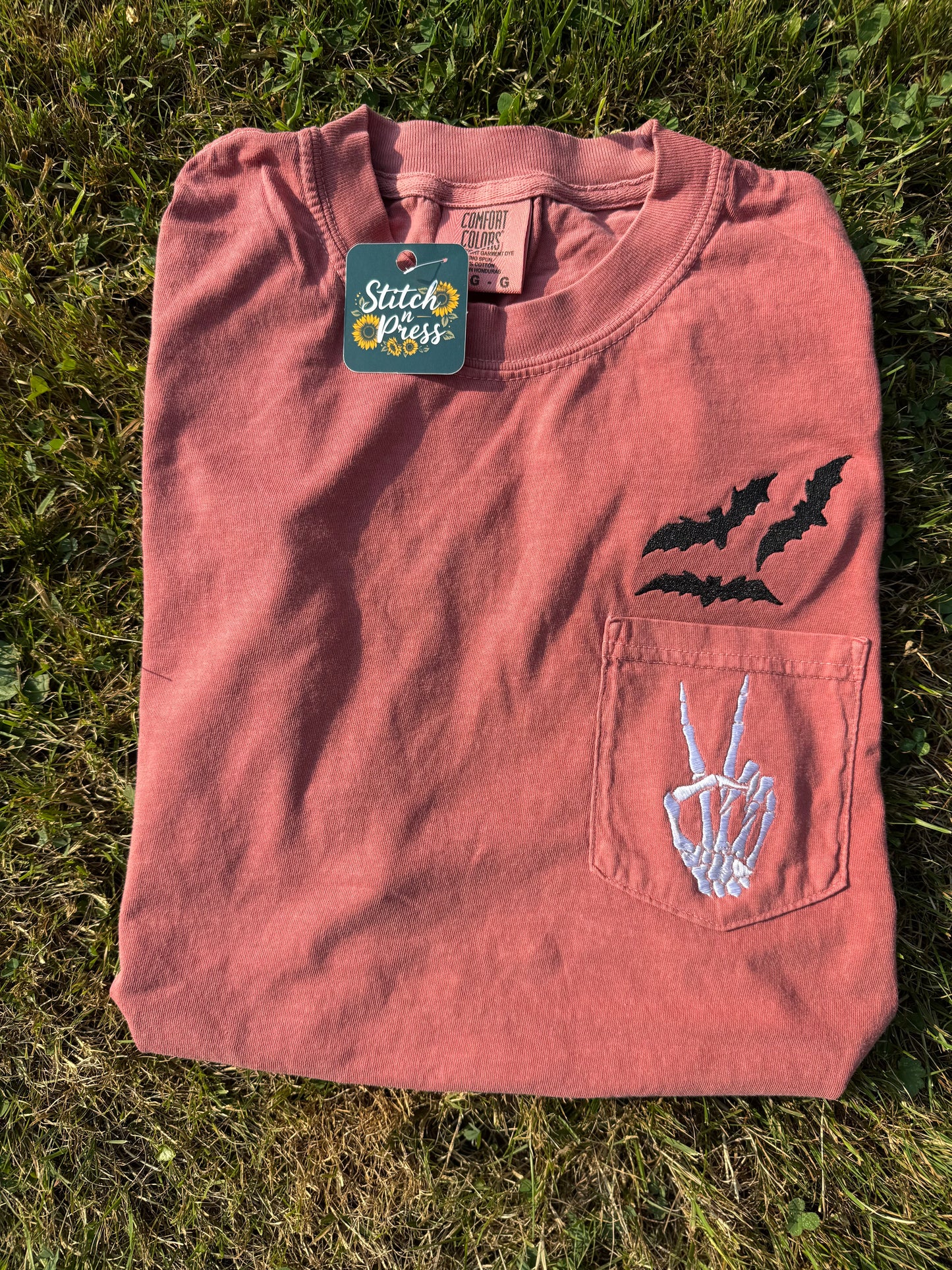 Skelly Hand And Bats Embroidered Pocket T-Shirt