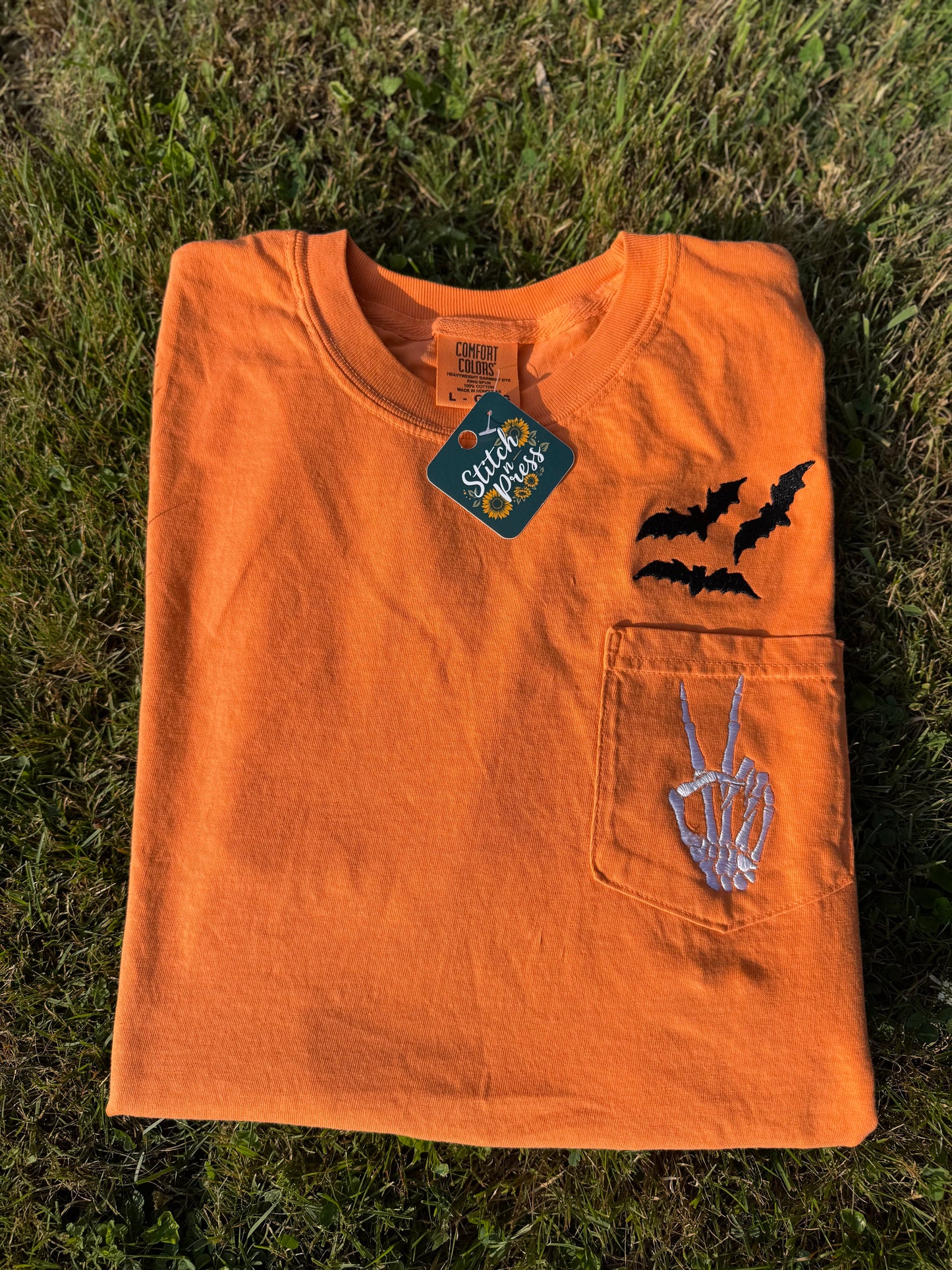 Skelly Hand And Bats Embroidered Pocket T-Shirt